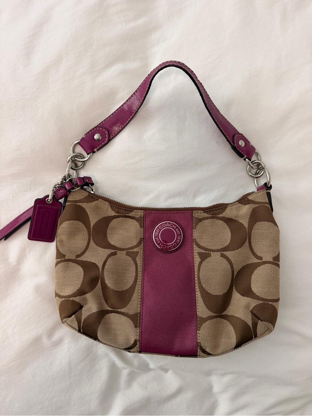 Coach Brown Signature Shoulder Bag with Magenta Trim